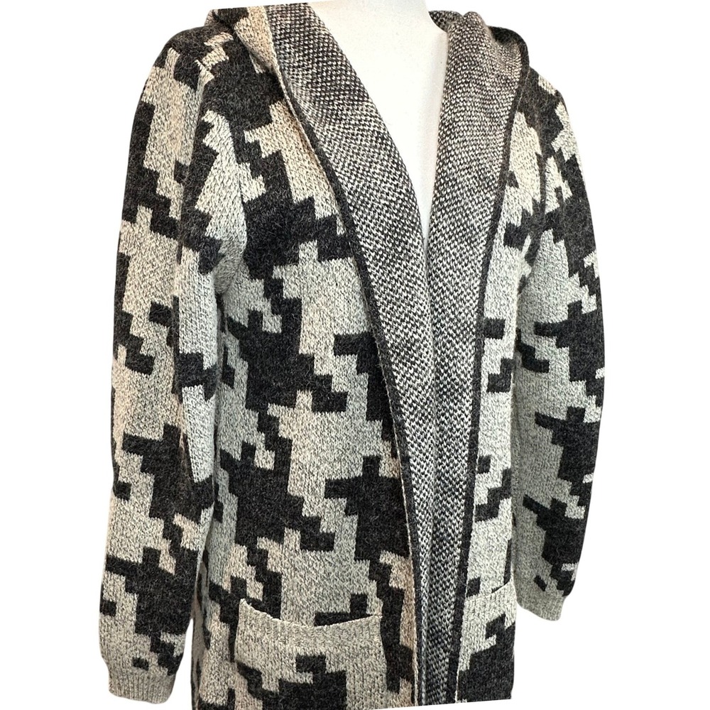 Monteau Los Angeles Womens Large Houndstooth Hooded Longline Cardigan Black Grey